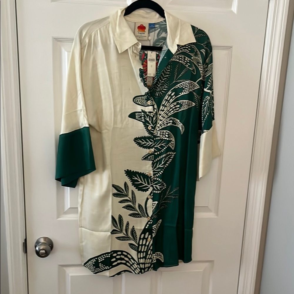 NWT~ Farm Rio for Anthropologie Green & Cream Leaf Print Shirt Dress Size XS
